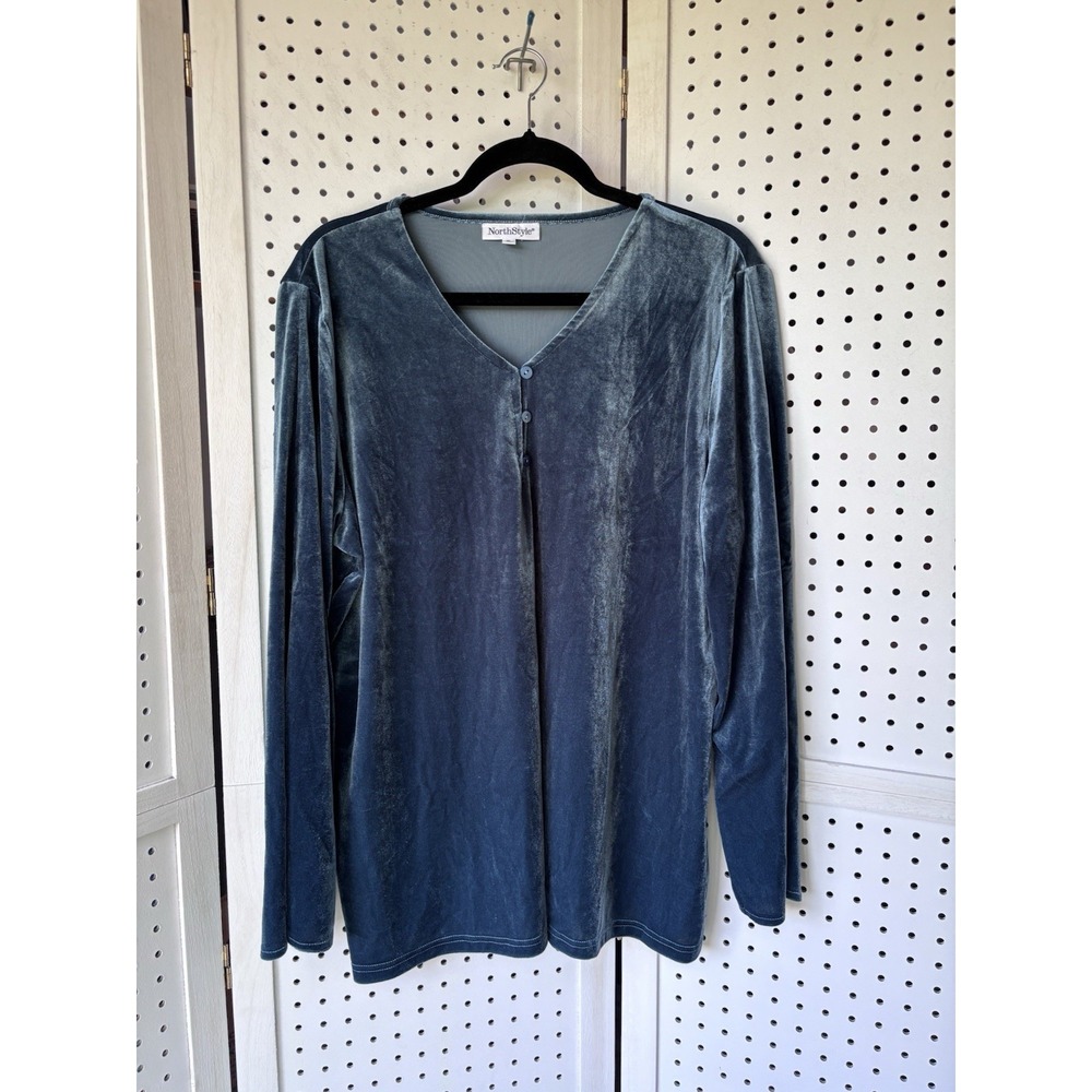 North Style V Neck Button Velvet Long SLV Blouse Teal Blue Women's XL